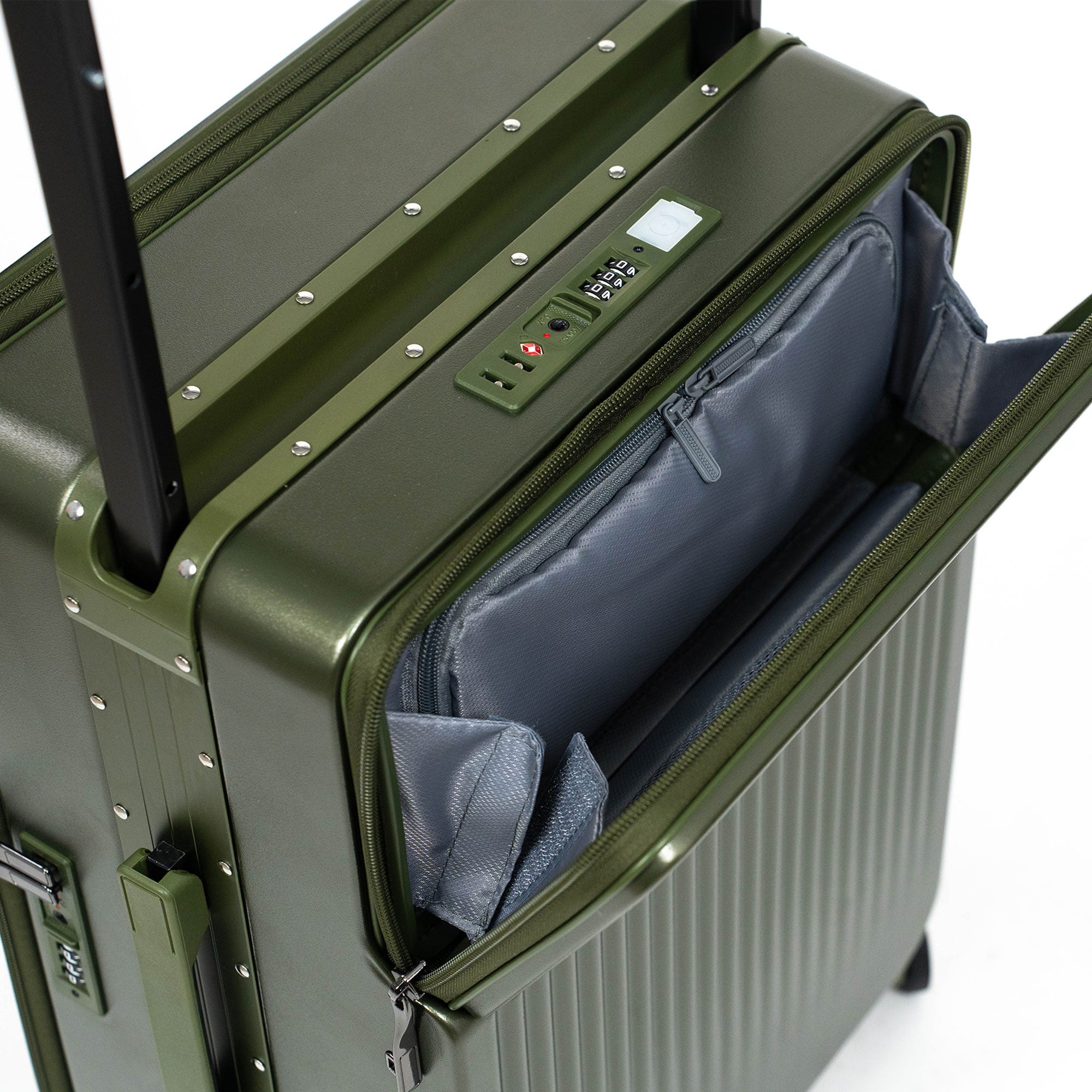 Valise Cabine Premium Business – TSA, Port USB, Compartiment Laptop & Support Téléphone - Vert militaire